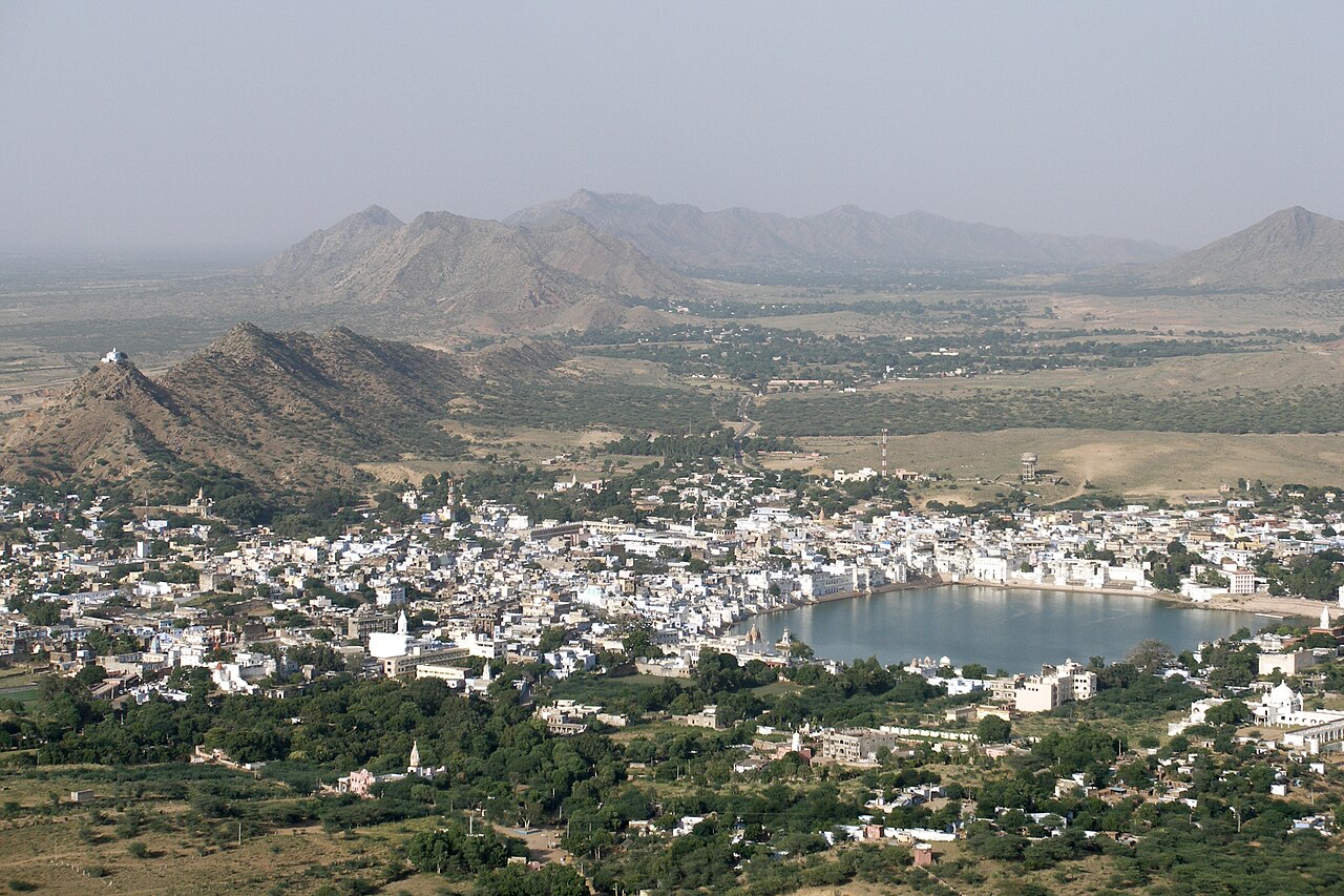 Elevated view of Pushkar town and its lake